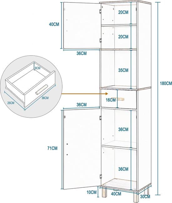 Badrumsmöbler - med 5 fack - 1 låda - justerbara partitioner - 39x179x30cm - duschhörnhylla - förvaringsställ