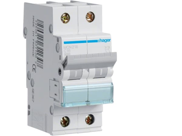 Hager MCN216, 50 - 60 hz, 16 A, 2P, 35 mm, 70 mm, 83 mm