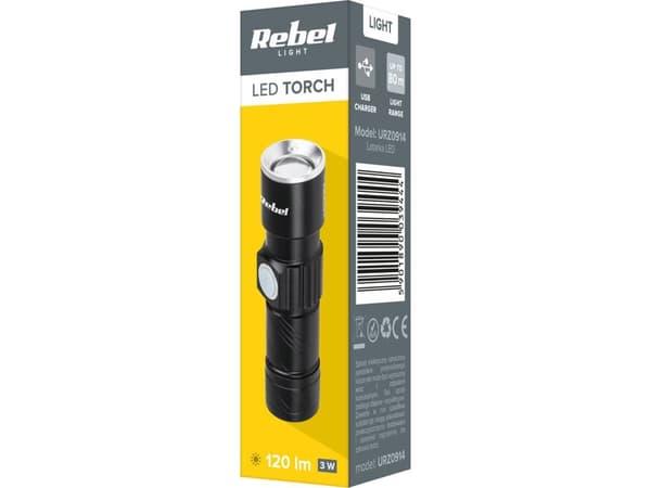 Rebel 3W aluminiumslommelykt (ZOOM, USB-plugg)