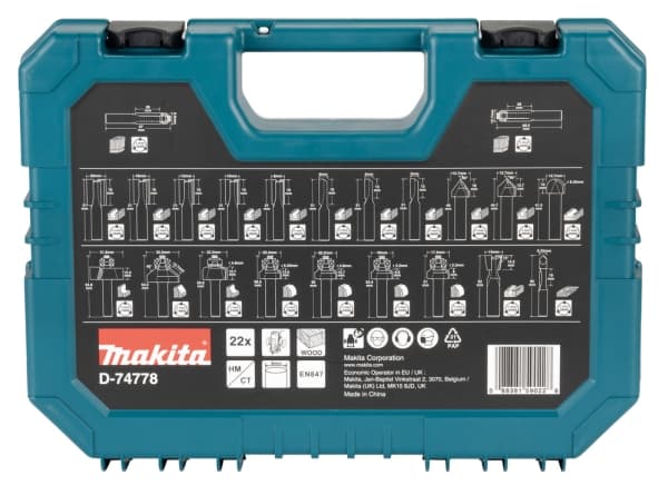 Makita - Routerspissett - for tre - V-Groove, Dovetail, Beading, rebate - 22 deler - cylindrical - for Makita RT001GM205