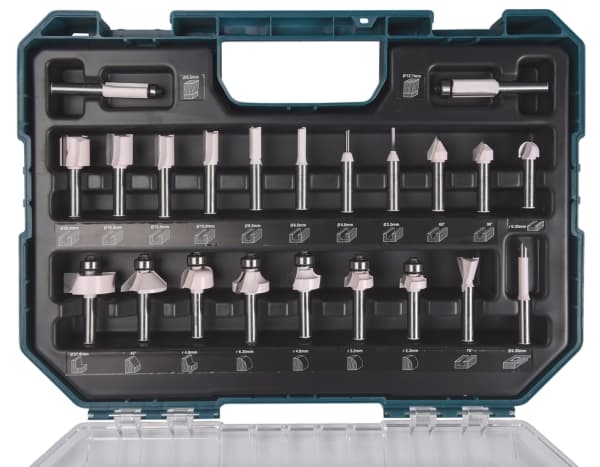 Makita - Routerspissett - for tre - V-Groove, Dovetail, Beading, rebate - 22 deler - cylindrical - for Makita RT001GM205