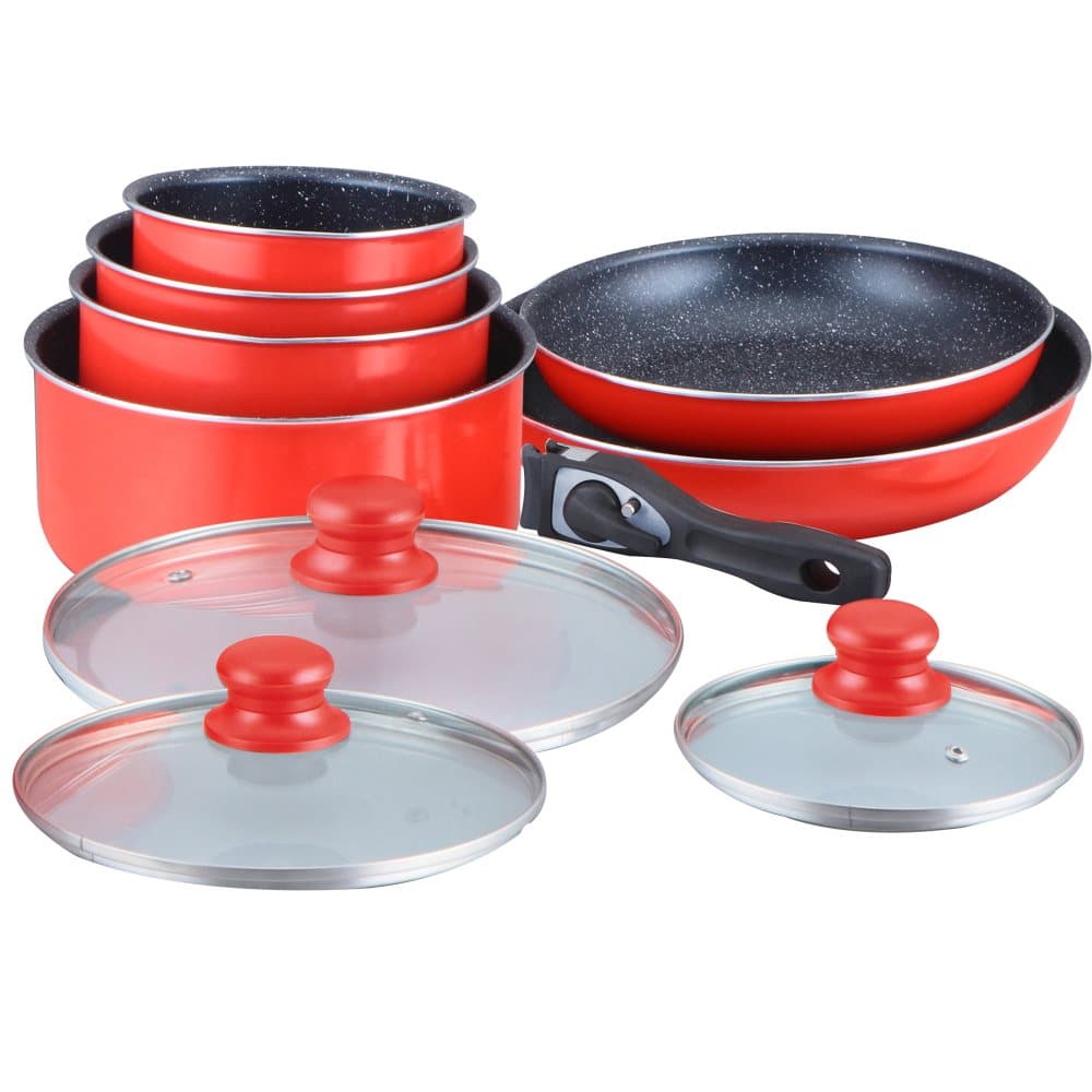 Herzberg HG-5000: 10-stycken Pan Set med marmorbeläggning röd