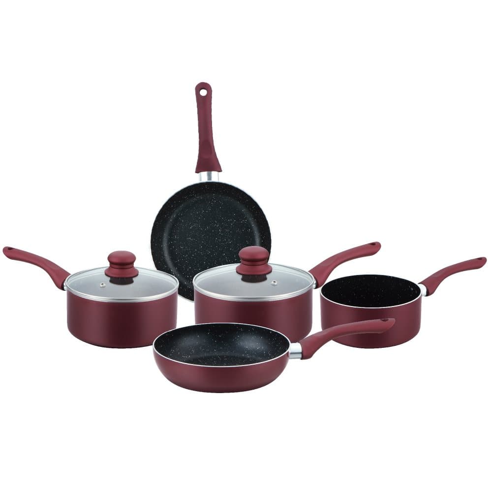 Herzberg 7-delad Pan Set med non-stick-beläggning och steencoating burgogne