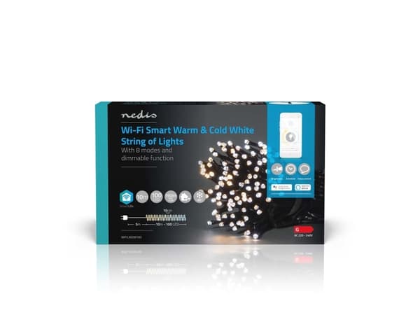 Nedis WIFILX02W100, Ljusdekoration, slinga, Vit, IP65, Svart, 100 lamp(or), LED Vit