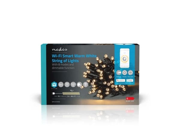 Nedis WIFILX01W50, Kjede, Hvit, IP65, Sort, 50 ampuller, LED Hvit