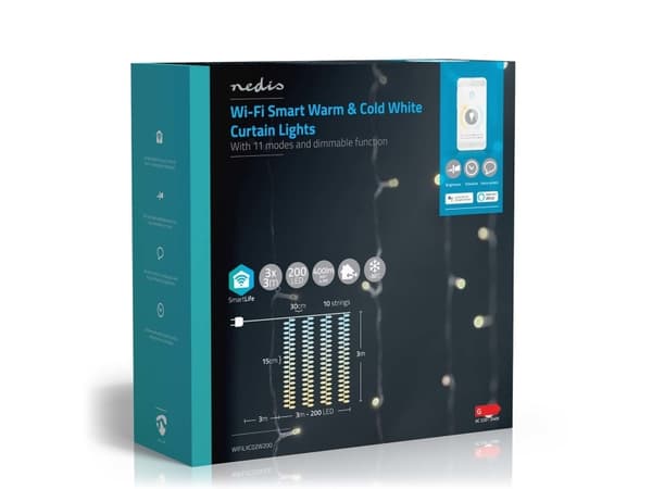 Nedis WIFILXC02W200, Kjede, Hvit, IP65, Sort, 200 ampuller, LED