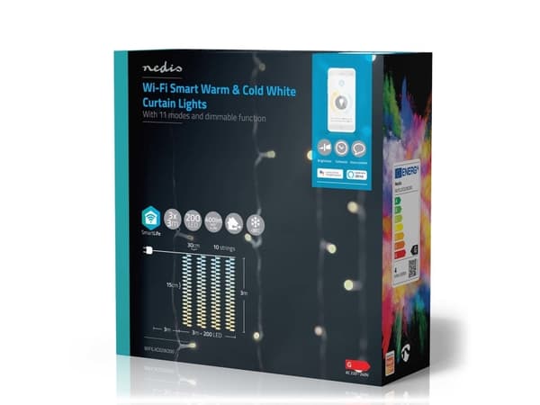 Nedis WIFILXC02W200, Kjede, Hvit, IP65, Sort, 200 ampuller, LED