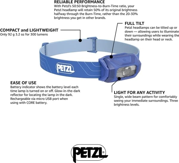 Petzl Tikkina, Hodebåndslommelykt, Blå, Knapper, IPX4, CE, LED
