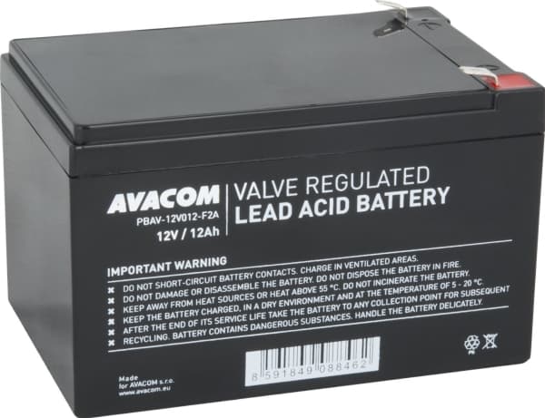 AVACOM PBAV-12V012-F2A, Forseglet blysyre (VRLA), 12 V, 1 stykker, Sort, 12 Ah, 3,4 kg