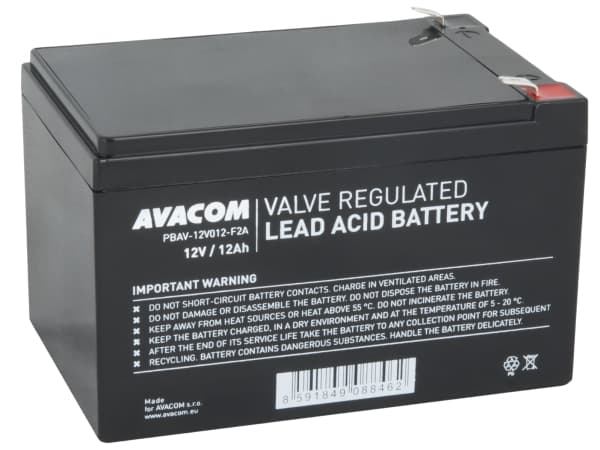 AVACOM PBAV-12V012-F2A, Forseglet blysyre (VRLA), 12 V, 1 stykker, Sort, 12 Ah, 3,4 kg