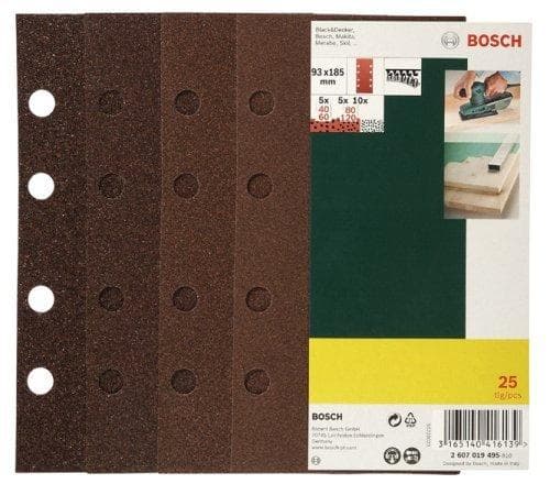 Bosch 25-delat sliparkset för orbitalslipmaskiner perforerade 93 x 185 mm - korn 40; 60; 80; 120