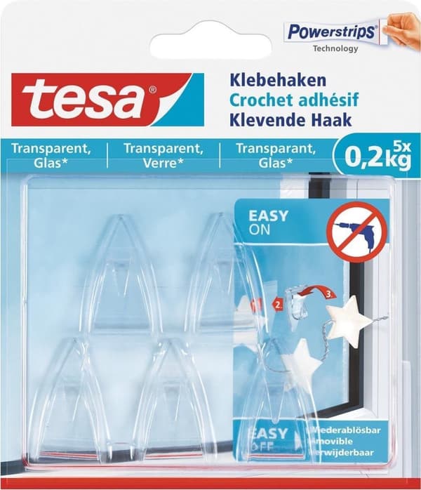 Tesa 77734 powerstrips selvklæbende krog gennemsigtig 0,2 kg. - 5 stk