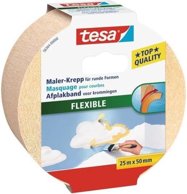 Tesa joustava maalarinteippi kaareville - 25 metriä x 25 mm.