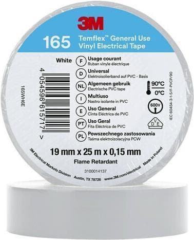 3M 7100184818. Menge pro Packung: 1 Stück(e), Farbe Isolierband: Weiß, Klebebandmateriale: PVC. Længde (m): 25 m, Bredde: 19 mm, Dicke: 0,15 mm. Urspr