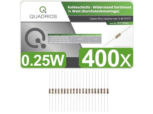 Quadrios 201711P001 201711P001 Hiilipäällystysvastusvalikoima aksiaalilangalla 0,25 W 5 % 400 kpl 400 kpl