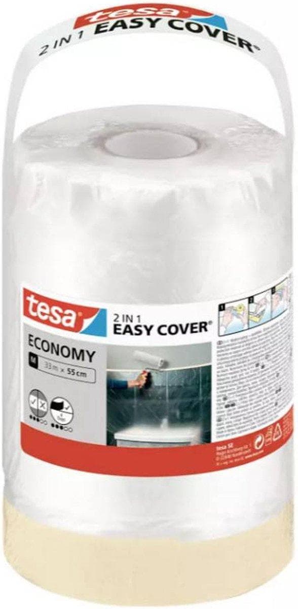 tesa® Easy Cover Universal, 2-i-1: folie med maskeringstejp för maskering av stora ytor + 1 dispenser, 25m:550mm, Promo