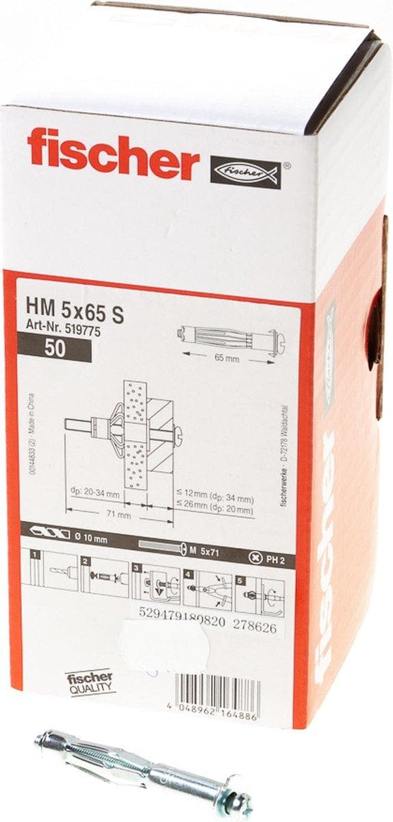 Fischer ihålig väggplugg 5x65mm HM 5x65 s 519775 (50 st)