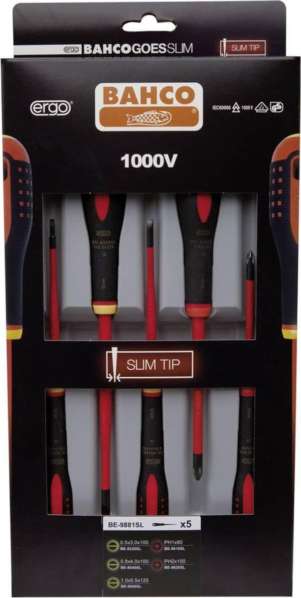Bahco BE-9881SL BHBE-9881SL Ergo skruetrækkersæt med slanke blade isoleret, flerfarvet