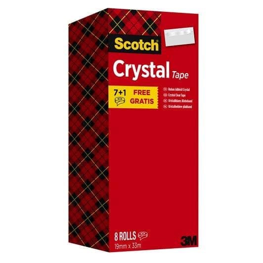 3M Scotch självhäftande film Crystal Clear 600, 19 mm x 33 m, 7+1 mycket transparent, enkel och ljudlös avrullning - 1 st (BP548)