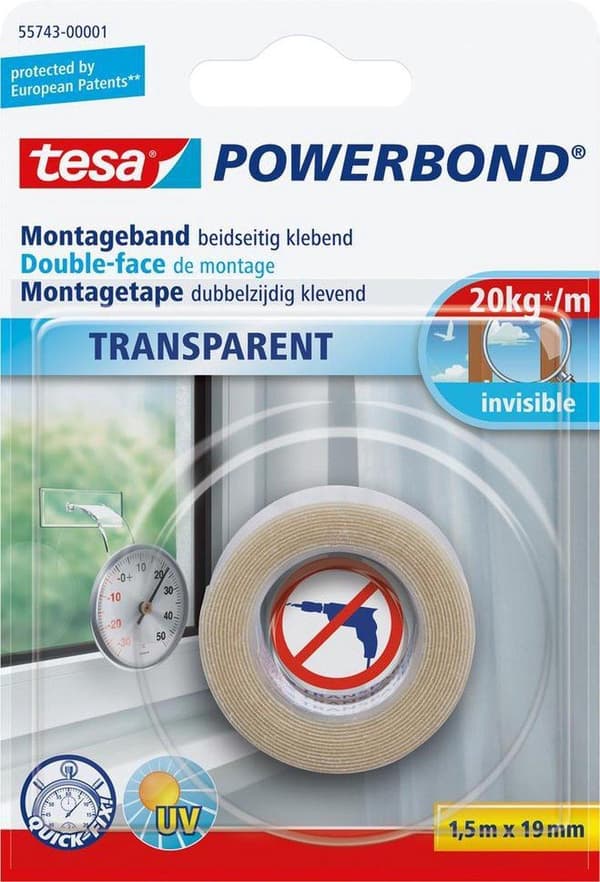 Tesa Monteringstape Dobbeltsidet - Gennemsigtig - 1,5 mx 19 mm