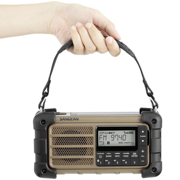 Utomhusradio Sangean MMR-99 FM Solcellspanel, Stänkvattenskyddad, Dammtät, Ficklampa Brun