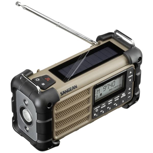 Utomhusradio Sangean MMR-99 FM Solcellspanel, Stänkvattenskyddad, Dammtät, Ficklampa Brun