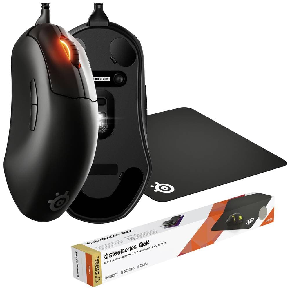 Steelseries Prime+, QcK Large Bundle Ergonomisk gamingmus Optisk Ergonomisk, Upplyst Svart