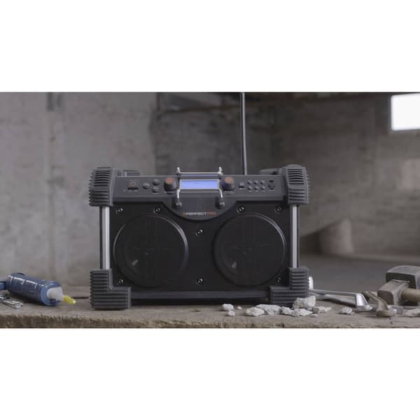 Byggarbetsradio PerfectPro RockHart DAB+, FM Stänkvattenskyddad, Dammtät, Stötsäker, Batteri-laddningsfunktion Svart