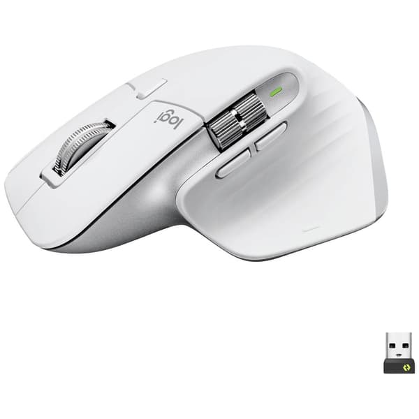 Logitech MX Master 3S Ergonomisk mus Bluetooth, Trådlös Optisk Ljusgrå 7 Knappar 8000 dpi Löstagbar kabel, Ergonomisk, Silver, Vit
