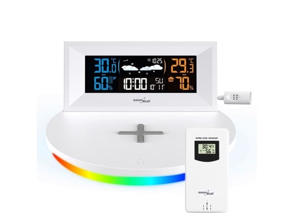 GreenBlue værstasjon GreenBlue GB213 trådløs værstasjon med trådløs/induktiv ladeklokke, alarm, kalender, ekstern sensor