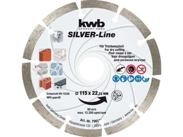 kwb 796570, Diamant-kappeskive med segmentert kant, Tørrkutting, Blokk, Keramisk, Betong, Marmor, Pavers, Stein, Flis, 2,2 cm, 12,5 cm, 7 mm