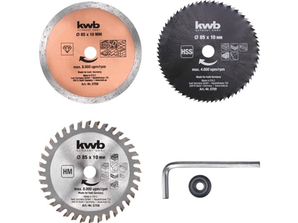 kwb 575905, Plastikk, Stein, Tre, 8,5 cm, Tungsten Carbide Tipped (TCT), 8000 RPM, 3 stykker