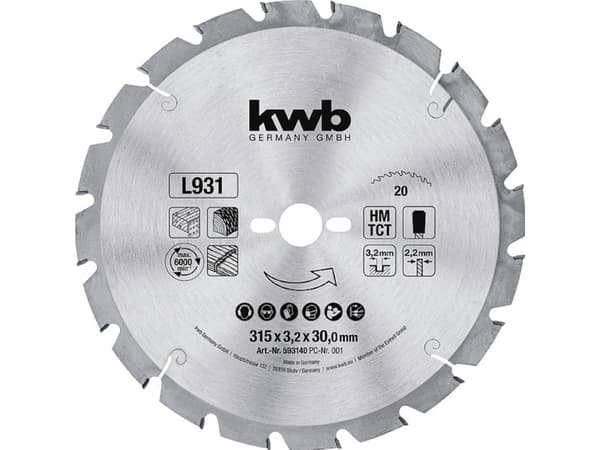 kwb 593140, Mjuka träslag, Ved, Spånskiva, 31,5 cm, 3 cm, Tungsten Carbide Tipped (TCT), 3,2 mm, 1 styck