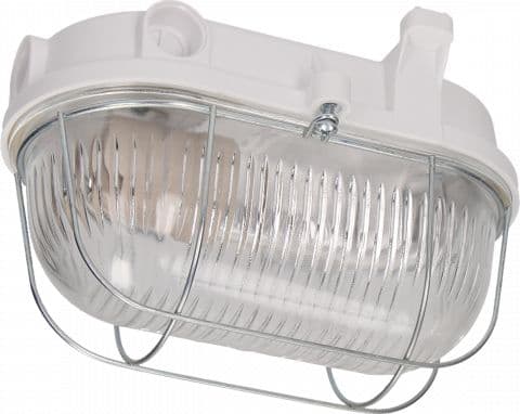 OVAL-7063NB kanalarmatur, E27, 100W, hvit-bakelitt, transparent dekkglass, IP54, metallnett A1230