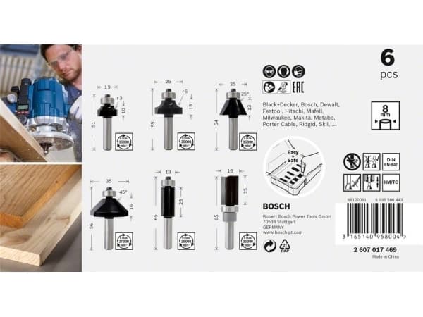 Bosch - Routerspissett - for kryssfinér, bløtt tre, løvtre, medium-density fibreboard (MDF), sponplater - Chamfer, Round over, Flush Trim, Straight -