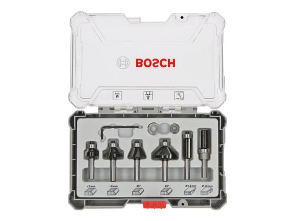 Bosch - Routerspissett - for kryssfinér, bløtt tre, løvtre, medium-density fibreboard (MDF), sponplater - Chamfer, Round over, Flush Trim, Straight -
