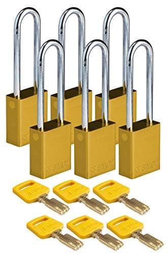 Brady (ALU-YLW-76ST-KD6PK) SafeKey anodiserad aluminiumlåsningshänglås med stålbygel 76,00 mm Gul KD - Multilåsningslås Paket om 6