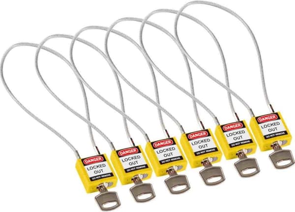 Brady Nylon Kompakt säkerhetslås med kabelbygel, gul, 400 mm kabellängd, 4,7 mm PVC-belagd kabel (nyckelförsett) (6-pack) (146133)