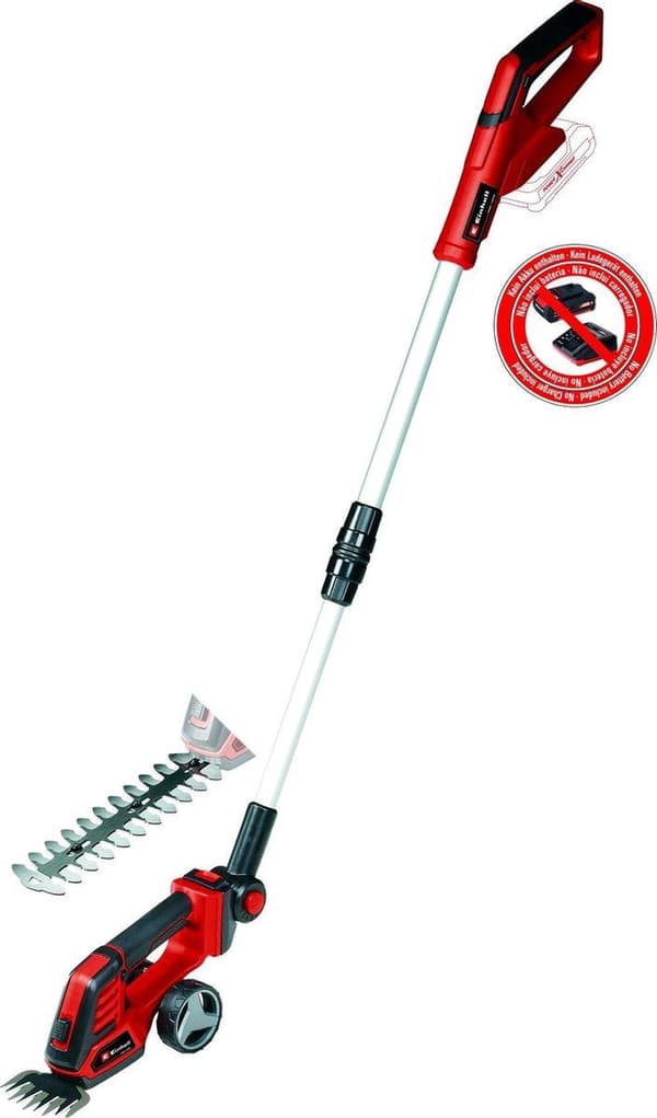 Einhell Batteri Græs-/Hækkeklipper GE-CG 18/100 Li T-Solo Power X-Change (Li-Ion, 18 V, teleskophåndtag, klippebredde græsklippekniv 100 mm, hækkeklip