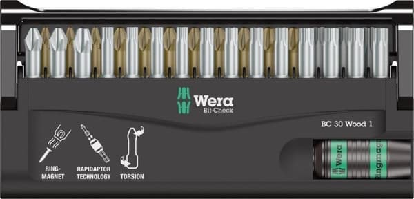 Wera Bit-Check 30 Træ 1 05057433001 Bitsæt 30 stk. Kruiskop Pozidriv, Kruiskop Phillips, Binnen-Torx