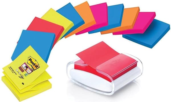 Post-it® Z-Notes Dispenser Pro White + 12X Post-it Super Sticky Z-Notes- Neon- 76 x 76 mm -90 ark/dyna