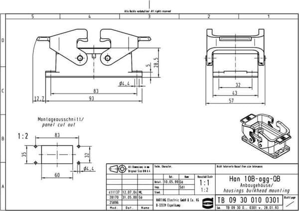 Overflademonteret hus Han® 10B-agg-QB 09 30 010 0301 Harting 1 stk.