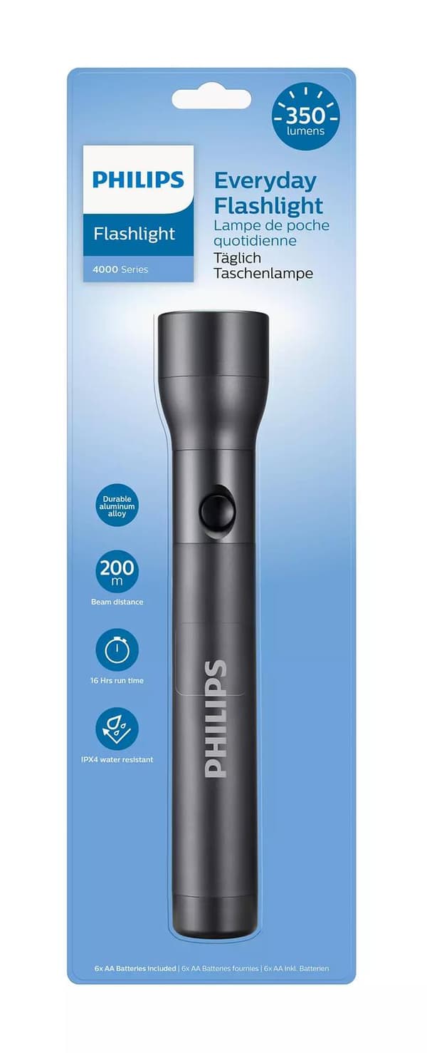 Philips lommelygte - SFL4003T/10 - LED lommelygte - inkl. 6 AA-batterier - 350 lumen - Sort - IPX4 Vandtæt - Bærbar lampe