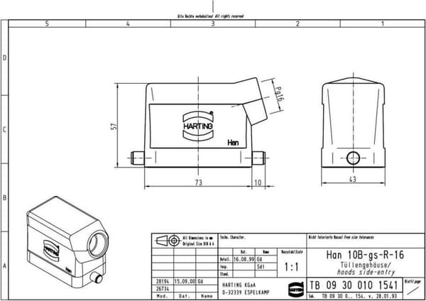 Dækhætte Han® 10B-gs-R-16 09 30 010 1541 Harting 1 stk.