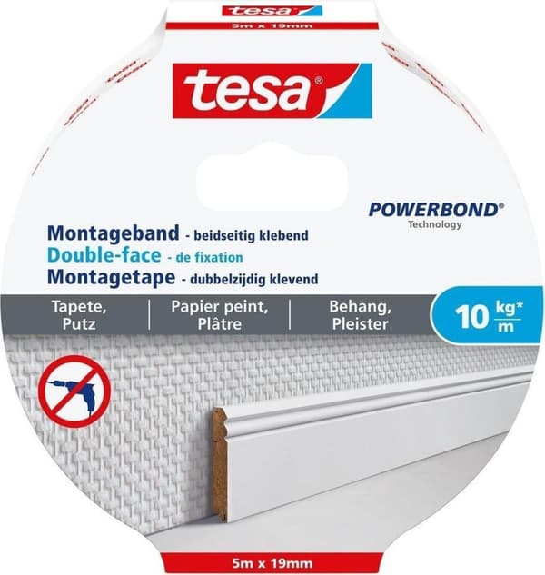 Kaksipuolinen Tesa-asennusteippi tapetille ja rappaukseen 10 kg/m - 5 mx 19 mm.