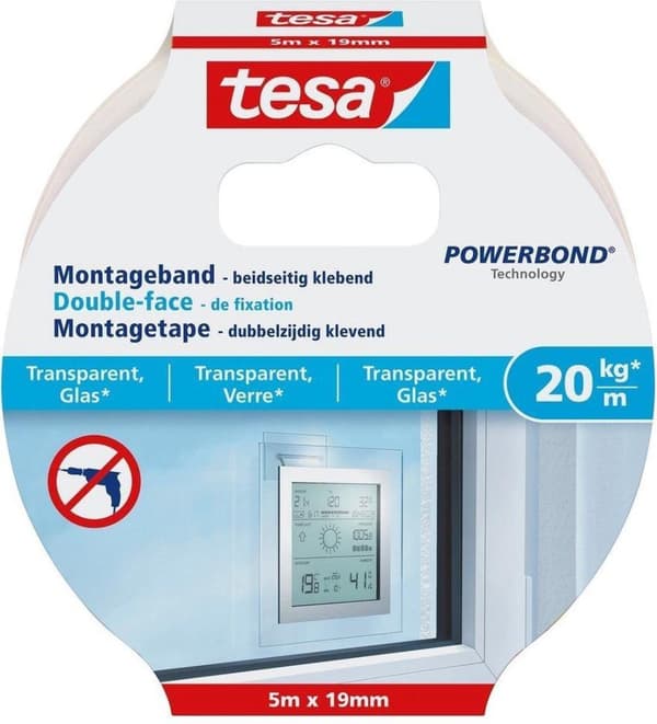 Kaksipuolinen Tesa-asennusteippi läpinäkyvälle ja lasille - 5 mx 19 mm.