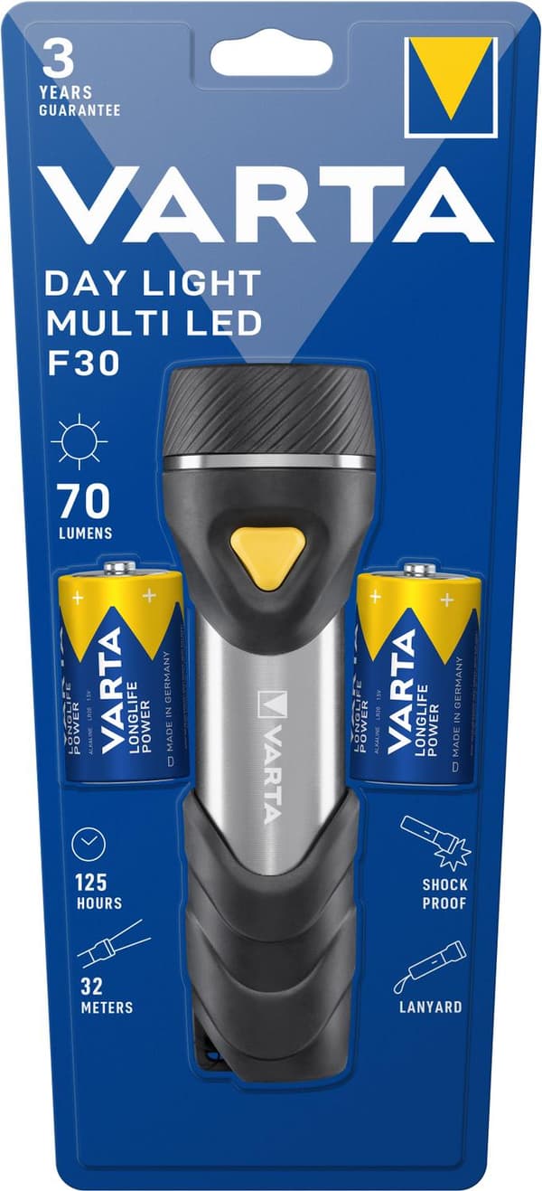 Varta - Päivävalo Multi LED F30 Taskulamppu - 2xD paristot musta, Hopea, Keltainen