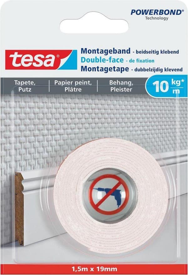 Kaksipuolinen Tesa-asennusteippi tapetille ja rappaukseen 10 kg/m - 1,5 mx 19 mm.