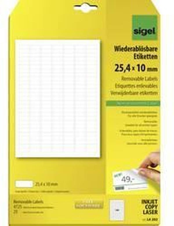 etiket Sigel aftagelig 25,4x10 mm hvid æske med 25 ark 189 etiketter pr.