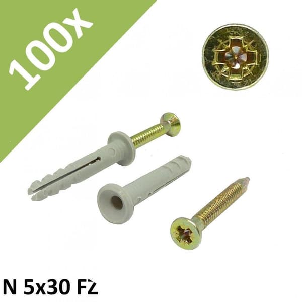 100 stk Fischer N 5x30 FZ # 50338 Plast slagprop formonteret